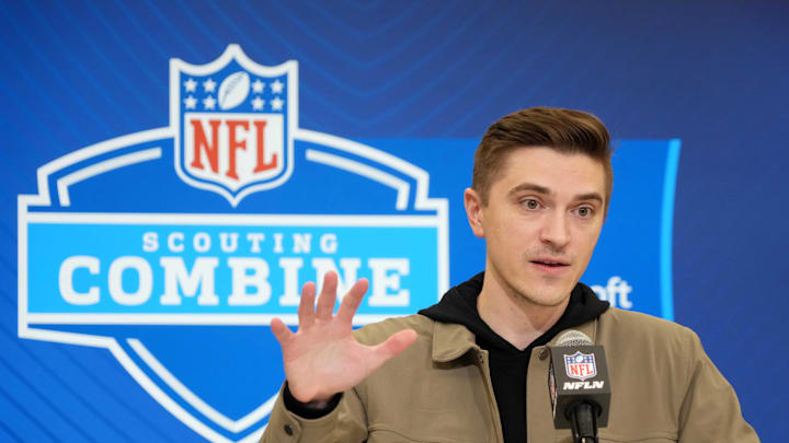 Feb 25, 2025; Indianapolis, IN, USA; Jacksonville Jaguars general manger James Gladstone speaks during the NFL Scouting Combine at the Indiana Convention Center. Mandatory Credit: Kirby Lee-Imagn Images Feb 25, 2025; Indianapolis, IN, USA; Jacksonville Jaguars general manger James Gladstone speaks during the NFL Scouting Combine at the Indiana Convention Center. Mandatory Credit: Kirby Lee-Imagn Images