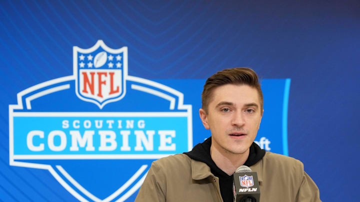 Feb 25, 2025; Indianapolis, IN, USA; Jacksonville Jaguars general manger James Gladstone speaks during the NFL Scouting Combine at the Indiana Convention Center. Mandatory Credit: Kirby Lee-Imagn Images Feb 25, 2025; Indianapolis, IN, USA; Jacksonville Jaguars general manger James Gladstone speaks during the NFL Scouting Combine at the Indiana Convention Center. Mandatory Credit: Kirby Lee-Imagn Images