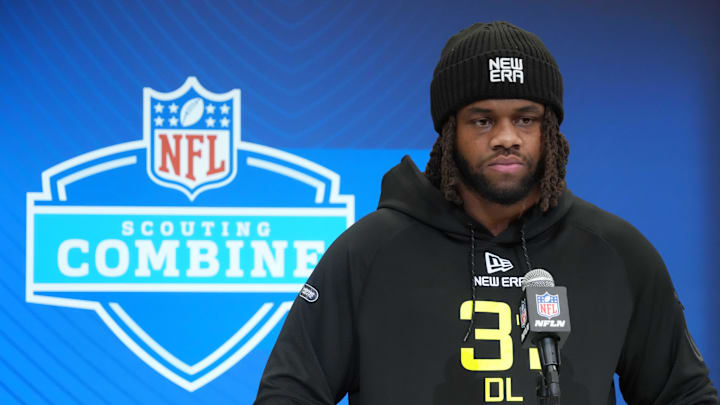 Feb 26, 2025; Indianapolis, IN, USA; South Carolina defensive lineman TJ Sanders (DL31) during the 2025 NFL Scouting Combine at the Indiana Convention Center. Mandatory Credit: Kirby Lee-Imagn Images