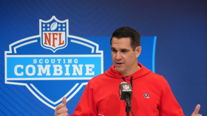 Feb 25, 2025; Indianapolis, IN, USA; New York Giants general manager Joe Schoen speaks during the NFL Scouting Combine at the Indiana Convention Center. Mandatory Credit: Kirby Lee-Imagn Images Feb 25, 2025; Indianapolis, IN, USA; New York Giants general manager Joe Schoen speaks during the NFL Scouting Combine at the Indiana Convention Center. Mandatory Credit: Kirby Lee-Imagn Images