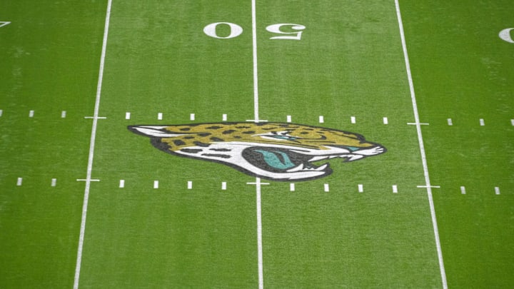 Oct 20, 2024; London, United Kingdom; The Jacksonville Jaguars logo at midfield during an NFL International Series game at Wembley Stadium. Mandatory Credit: Kirby Lee-Imagn Images