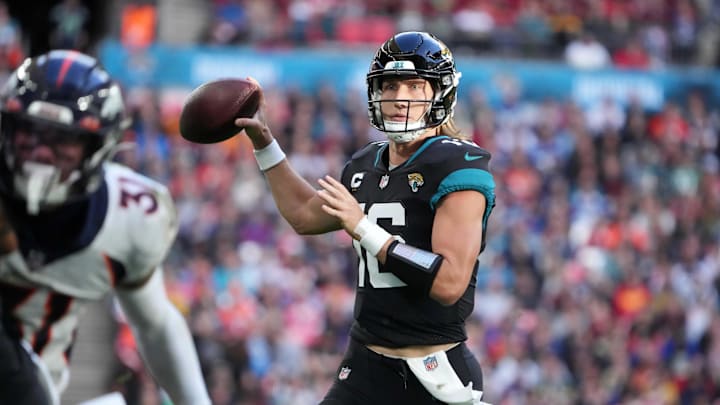 Oct 30, 2022; London, United Kingdom; Jacksonville Jaguars quarterback Trevor Lawrence (16) throws the ball against the Denver Broncos during an NFL International Series game at Wembley Stadium. The Broncos defeated the Jaguars 21-17. Mandatory Credit: Kirby Lee-Imagn Images Oct 30, 2022; London, United Kingdom; Jacksonville Jaguars quarterback Trevor Lawrence (16) throws the ball against the Denver Broncos during an NFL International Series game at Wembley Stadium. The Broncos defeated the Jaguars 21-17. Mandatory Credit: Kirby Lee-Imagn Images