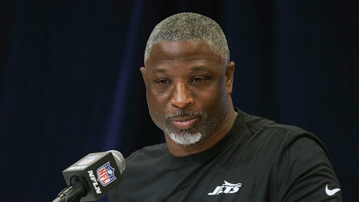 Feb 25, 2025; Indianapolis, IN, USA; New York Jets coach Aaron Glenn speaks during the NFL Scouting Combine at the Indiana Convention Center. Mandatory Credit: Kirby Lee-Imagn Images