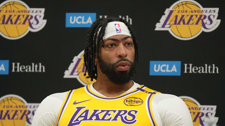 Sep 30, 2024; El Segundo, CA, USA; Los Angeles Lakers forward Anthony Davis (3) during media day at the UCLA Health Training Center. Mandatory Credit: Kirby Lee-Imagn Images