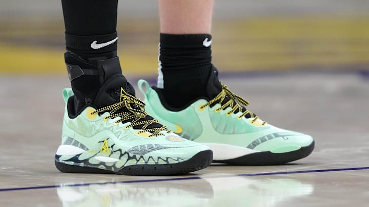 Mar 17, 2025; Los Angeles, California, USA; The Rigorer shoes worn by Los Angeles Lakers guard Austin Reaves (15) in the second half against the San Antonio Spurs at the Crypto.com Arena.