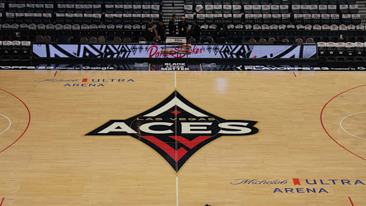 Sep 24, 2023; Las Vegas, Nevada, USA; The Las Vegas Aces logo at center court during game one of the 2023 WNBA Semifinals at Michelob Ultra Arena. Mandatory Credit: Kirby Lee-Imagn Images Sep 24, 2023; Las Vegas, Nevada, USA; The Las Vegas Aces logo at center court during game one of the 2023 WNBA Semifinals at Michelob Ultra Arena. Mandatory Credit: Kirby Lee-Imagn Images