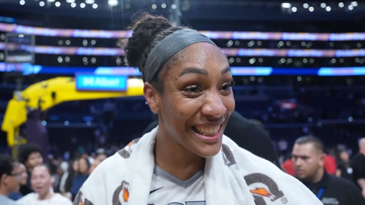 Jul 29, 2025; Los Angeles, California, USA; Las Vegas Aces center A'ja Wilson (22) reacts after the game against the LA Sparks at Crypto.com Arena. Mandatory Credit: Kirby Lee-Imagn Images