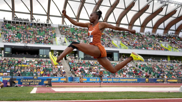 Jun 8, 2024; Eugene, OR, USA; Ackelia Smith of Texas wins the women's triple jump at 47-7 3/4 (14.52m) during the NCAA Track and Field Championships at Hayward Field. Mandatory Credit: Kirby Lee-USA TODAY Sports Jun 8, 2024; Eugene, OR, USA; Ackelia Smith of Texas wins the women's triple jump at 47-7 3/4 (14.52m) during the NCAA Track and Field Championships at Hayward Field. Mandatory Credit: Kirby Lee-USA TODAY Sports