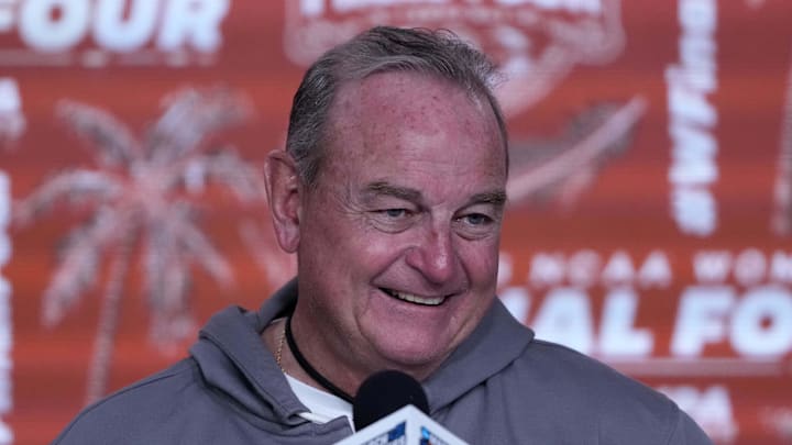 Apr 3, 2025; Tampa, FL, USA; Texas Longhorns coach Vic Schaefer reacts during press conference at Amalie Arena. Mandatory Credit: Kirby Lee-Imagn Images
