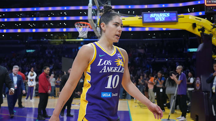 May 25, 2025; Los Angeles, California, USA; LA Sparks guard Kelsey Plum (10) leaves the court after the game against the Chicago Sky at Crypto.com Arena. Mandatory Credit: Kirby Lee-Imagn Images