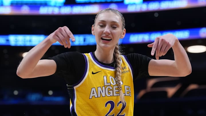 Jul 29, 2025; Los Angeles, California, USA; LA Sparks forward Cameron Brink (22) reacts against the Las Vegas Aces in the first half at Crypto.com Arena. Mandatory Credit: Kirby Lee-Imagn Images
