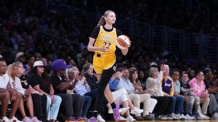 Jul 29, 2025; Los Angeles, California, USA; LA Sparks forward Cameron Brink (22) dribbles the ball against the Las Vegas Aces in the first half at Crypto.com Arena. Mandatory Credit: Kirby Lee-Imagn Images Jul 29, 2025; Los Angeles, California, USA; LA Sparks forward Cameron Brink (22) dribbles the ball against the Las Vegas Aces in the first half at Crypto.com Arena. Mandatory Credit: Kirby Lee-Imagn Images