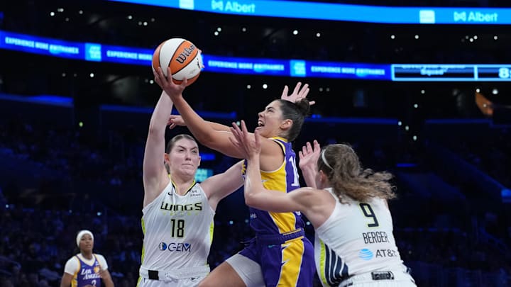 Aug 20, 2025; Los Angeles, California, USA; LA Sparks guard Kelsey Plum (10) shoots the ball against Dallas Wings center Luisa Geiselsoder (18) and guard Grace Berger (9) in the first half at Crypto.com Arena. Mandatory Credit: Kirby Lee-Imagn Images Aug 20, 2025; Los Angeles, California, USA; LA Sparks guard Kelsey Plum (10) shoots the ball against Dallas Wings center Luisa Geiselsoder (18) and guard Grace Berger (9) in the first half at Crypto.com Arena. Mandatory Credit: Kirby Lee-Imagn Images