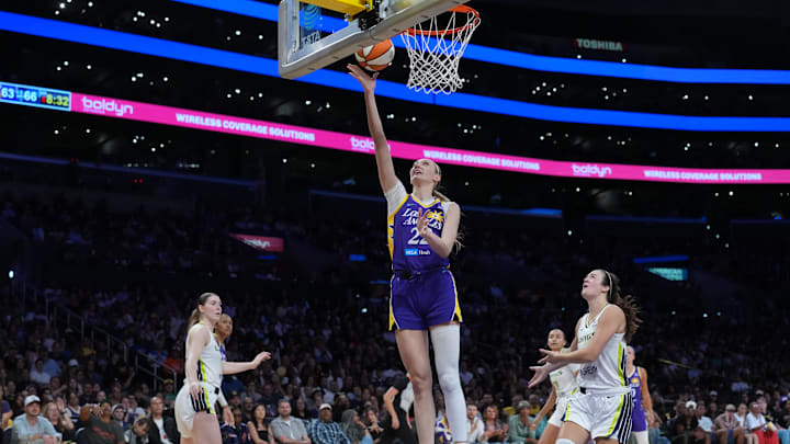 Aug 20, 2025; Los Angeles, California, USA; LA Sparks forward Cameron Brink (22) shoots the ball in the second half against the Dallas Wings Crypto.com Arena. Mandatory Credit: Kirby Lee-Imagn Images Aug 20, 2025; Los Angeles, California, USA; LA Sparks forward Cameron Brink (22) shoots the ball in the second half against the Dallas Wings Crypto.com Arena. Mandatory Credit: Kirby Lee-Imagn Images