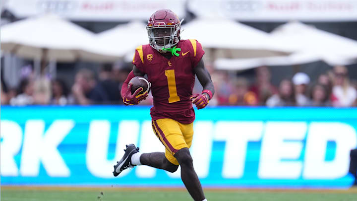 Sep 2, 2023; Los Angeles, California, USA;  Southern California Trojans wide receiver Zachariah Branch (1) carries the ball against the Nevada Wolf Pack in the first half at United Airlines Field at Los Angeles Memorial Coliseum. 
