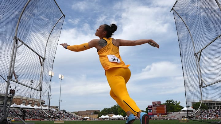 Apr 1, 2023; Austin, TX, USA; Kaia Harris of Missouri places fifth in the women's discus at 186-9 (56.93m) during the 95th Clyde Littlefield Texas Relays at Mike A. Myers Stadium. Mandatory Credit: Kirby Lee-Imagn Images