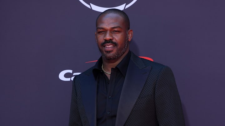 Jul 16, 2025; Hollywood, CA, USA; Jon Jones poses on the ESPYs red carpet at the Dolby Theatre. Mandatory Credit: Kirby Lee-Imagn Images