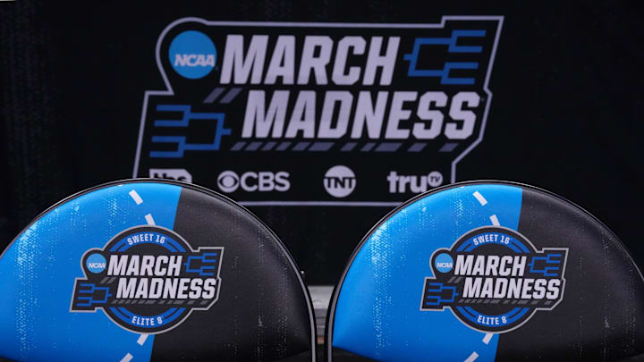 Mar 27, 2024; Los Angeles, CA, USA; Team bench chairs with the March Madness Elite 8 and Sweet 16 logos at Crypto.com Arena. Mandatory Credit: Kirby Lee-Imagn Images Mar 27, 2024; Los Angeles, CA, USA; Team bench chairs with the March Madness Elite 8 and Sweet 16 logos at Crypto.com Arena. Mandatory Credit: Kirby Lee-Imagn Images