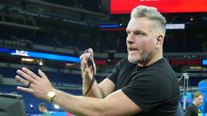 Feb 27, 2025; Indianapolis, IN, USA; Pat McAfee watches workouts at the 2025 NFL Scouting Combine at Lucas Oil Stadium. Mandatory Credit: Kirby Lee-Imagn Images