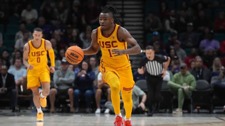 Dec 2, 2023; Las Vegas, Nevada, USA; Southern California Trojans guard Isaiah Collier (1) dribbles the ball against the Gonzaga Bulldogs during the Legends of Basketball Las Vegas Invitational at MGM Grand Garden Arena. Mandatory Credit: Kirby Lee-USA TODAY Sports