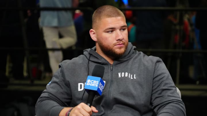 Feb 28, 2024; Indianapolis, IN, USA; Florida State defensive lineman Braden Fiske (DL07) on the CBS Sports set at the NFL Scouting Combine at Indiana Convention Center. Mandatory Credit: Kirby Lee-USA TODAY Sports Feb 28, 2024; Indianapolis, IN, USA; Florida State defensive lineman Braden Fiske (DL07) on the CBS Sports set at the NFL Scouting Combine at Indiana Convention Center. Mandatory Credit: Kirby Lee-USA TODAY Sports