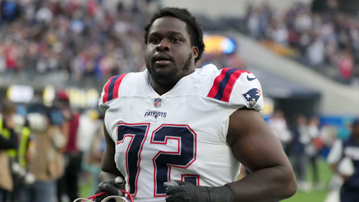 Oct 31, 2021; Inglewood, California, USA; New England Patriots offensive tackle Yodny Cajuste (72) reacts after the game against the Los Angeles Chargers at SoFi Stadium. The Patriots defeated the Chargers 27-24. Mandatory Credit: Kirby Lee-Imagn Images