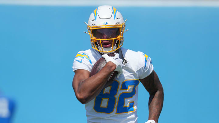 Jun 13, 2024; Costa Mesa, CA, USA; Los Angeles Chargers wide receiver Brenden Rice (82) carries the ball during minicamp at the Hoag Performance Center. Mandatory Credit: Kirby Lee-Imagn Images