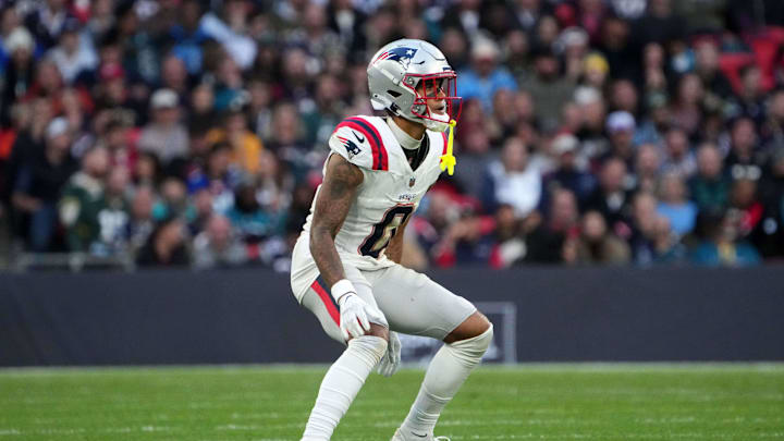 Oct 20, 2024; London, United Kingdom; New England Patriots cornerback Christian Gonzalez (0) in the second half of an NFL International Series game against the Jacksonville Jaguars at Wembley Stadium. Mandatory Credit: Kirby Lee-Imagn Images