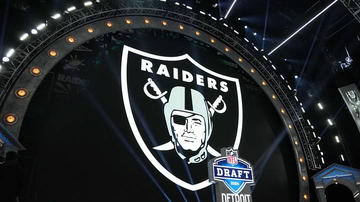 Apr 25, 2024; Detroit, MI, USA; A Las Vegas Raiders logo at the 2024 NFL Draft at Campus Martius Apr 25, 2024; Detroit, MI, USA; A Las Vegas Raiders logo at the 2024 NFL Draft at Campus Martius