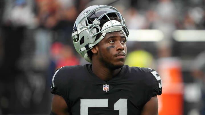 Aug 26, 2022; Paradise, Nevada, USA; Las Vegas Raiders defensive end Malcolm Koonce (51) reacts during the game against the New England Patriots at Allegiant Stadium. The Raiders defeated the Patriots 23-6. Mandatory Credit: Kirby Lee-USA TODAY Sports