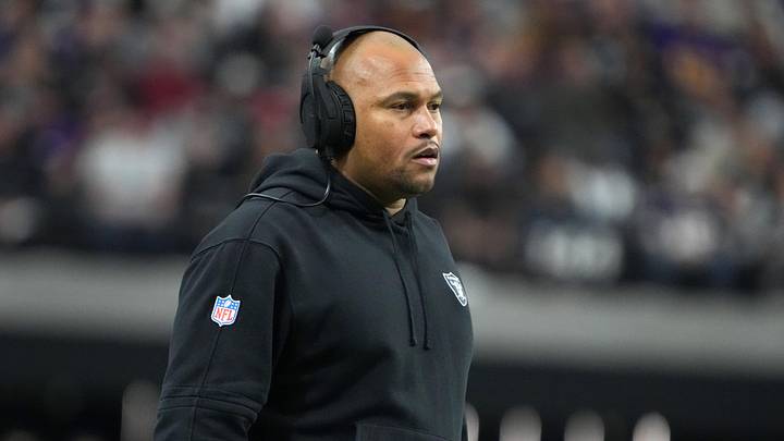 Dec 10, 2023; Paradise, Nevada, USA; Las Vegas Raiders coach Antonio Pierce watches from the sidelines against the Minnesota Vikings in the first half at Allegiant Stadium. Mandatory Credit: Kirby Lee-USA TODAY Sports