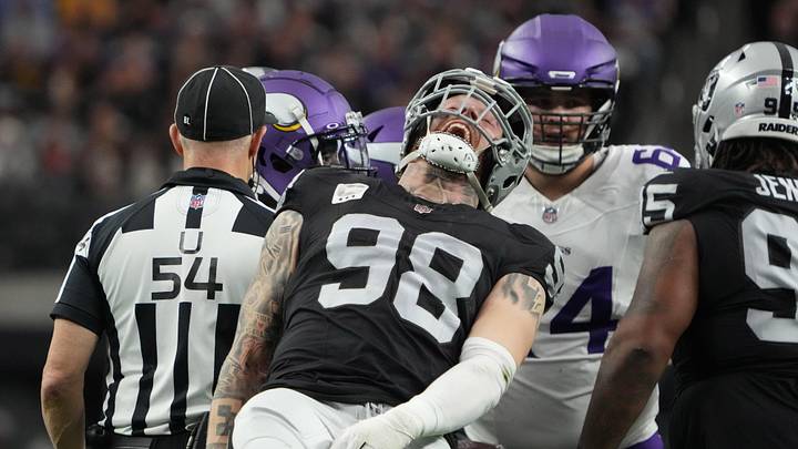 Dec 10, 2023; Paradise, Nevada, USA; Las Vegas Raiders defensive end Maxx Crosby (98) celebrates after a tackle against the Minnesota Vikings in the first half at Allegiant Stadium. Mandatory Credit: Kirby Lee-USA TODAY Sports Dec 10, 2023; Paradise, Nevada, USA; Las Vegas Raiders defensive end Maxx Crosby (98) celebrates after a tackle against the Minnesota Vikings in the first half at Allegiant Stadium. Mandatory Credit: Kirby Lee-USA TODAY Sports