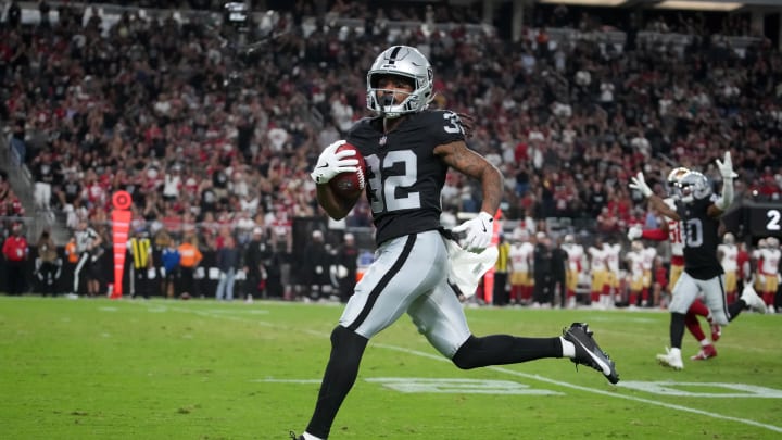 Aug 23, 2024; Paradise, Nevada, USA; Las Vegas Raiders wide receiver Tyreik McAllister (32) scores on an 81-yard punt return against the San Francisco 49ers in the first half at Allegiant Stadium. Mandatory Credit: Kirby Lee-USA TODAY Sports Aug 23, 2024; Paradise, Nevada, USA; Las Vegas Raiders wide receiver Tyreik McAllister (32) scores on an 81-yard punt return against the San Francisco 49ers in the first half at Allegiant Stadium. Mandatory Credit: Kirby Lee-USA TODAY Sports