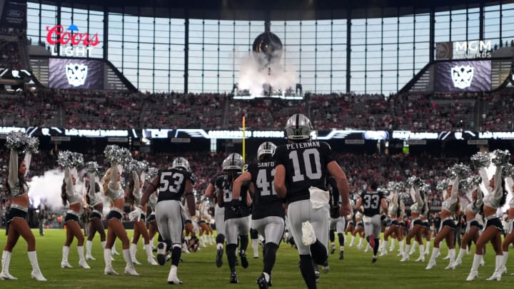 Aug 23, 2024; Paradise, Nevada, USA;Las Vegas Raiders quarterback Nathan Peterman (10) enters the field before the game against the San Francisco 49ers at Allegiant Stadium. Mandatory Credit: Kirby Lee-USA TODAY Sports Aug 23, 2024; Paradise, Nevada, USA;Las Vegas Raiders quarterback Nathan Peterman (10) enters the field before the game against the San Francisco 49ers at Allegiant Stadium. Mandatory Credit: Kirby Lee-USA TODAY Sports