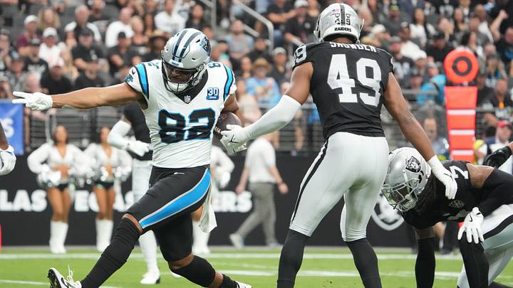 Sep 22, 2024; Paradise, Nevada, USA; Carolina Panthers tight end Tommy Tremble (82) gestures after a first down against the Las Vegas Raiders in the first half at Allegiant Stadium. Mandatory Credit: Kirby Lee-Imagn Images