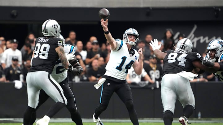 Sep 22, 2024; Paradise, Nevada, USA; Carolina Panthers quarterback Andy Dalton (14) throws the ball against the Las Vegas Raiders in the first half at Allegiant Stadium. Mandatory Credit: Kirby Lee-Imagn Images