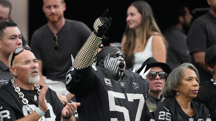 Sep 22, 2024; Paradise, Nevada, USA; Las Vegas Raiders fan Wayne Mabry aka Violator reacts against the Carolina Panthers in the first half at Allegiant Stadium. Mandatory Credit: Kirby Lee-Imagn Images