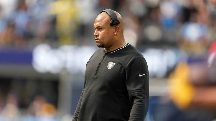 Sep 8, 2024; Inglewood, California, USA; Las Vegas Raiders coach Antonio Pierce watches from the sidelines in the second half against the Los Angeles Chargers at SoFi Stadium. Mandatory Credit: Kirby Lee-Imagn Images