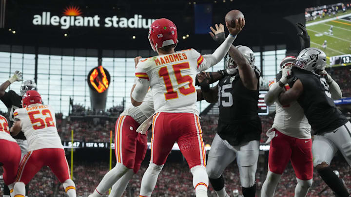Oct 27, 2024; Paradise, Nevada, USA; A general overall view as Kansas City Chiefs quarterback Patrick Mahomes (15) throws the ball against Las Vegas Raiders defensive tackle John Jenkins (95) in the second half at Allegiant Stadium. Mandatory Credit: Kirby Lee-Imagn Images