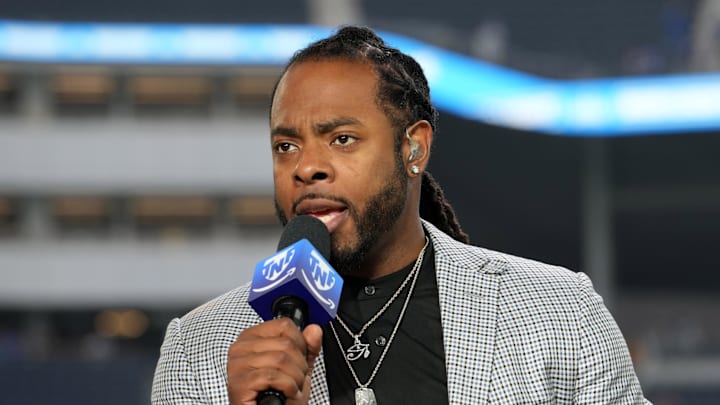 Oct 24, 2024; Inglewood, California, USA; Richard Sherman on the Thursday Night Football Tonight set at SoFi Stadium. Mandatory Credit: Kirby Lee-Imagn Images Oct 24, 2024; Inglewood, California, USA; Richard Sherman on the Thursday Night Football Tonight set at SoFi Stadium. Mandatory Credit: Kirby Lee-Imagn Images