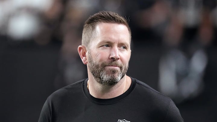 Dec 16, 2024; Paradise, Nevada, USA; Las Vegas Raiders interim offensive coordinator Scott Turner reacts during the game against the Atlanta Falcons at Allegiant Stadium. Mandatory Credit: Kirby Lee-Imagn Images Dec 16, 2024; Paradise, Nevada, USA; Las Vegas Raiders interim offensive coordinator Scott Turner reacts during the game against the Atlanta Falcons at Allegiant Stadium. Mandatory Credit: Kirby Lee-Imagn Images