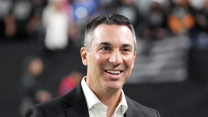 Dec 16, 2024; Paradise, Nevada, USA; Las Vegas Raiders general manager Tom Telesco reacts during the game against the Atlanta Falcons at Allegiant Stadium. Mandatory Credit: Kirby Lee-Imagn Images Dec 16, 2024; Paradise, Nevada, USA; Las Vegas Raiders general manager Tom Telesco reacts during the game against the Atlanta Falcons at Allegiant Stadium. Mandatory Credit: Kirby Lee-Imagn Images