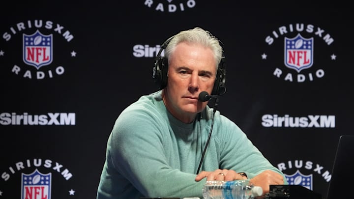 Feb 8, 2024; Las Vegas, NV, USA; Rich Gannon on the SiriusXM NFL radio set on radio row at the Super Bowl 58 media center at the Mandalay Bay resort and casino. Mandatory Credit: Kirby Lee-Imagn Images