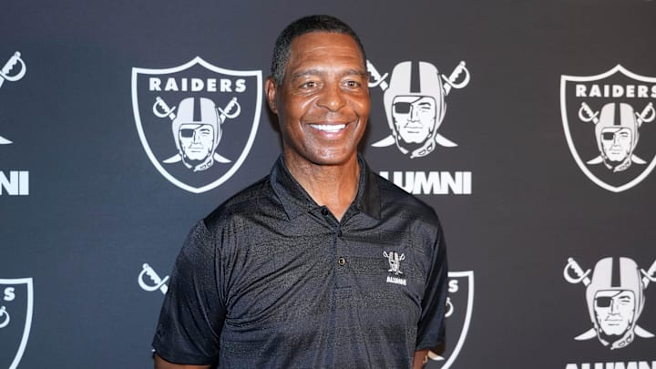 Aug 13, 2023; Paradise, Nevada, USA; Marcus Allen poses on the silver carpet at Allegiant Stadium. Mandatory Credit: Kirby Lee-Imagn Images