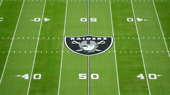 Oct 27, 2024; Paradise, Nevada, USA; A Las Vegas Raiders shield logo at midfield at Allegiant Stadium. Mandatory Credit: Kirby Lee-Imagn Images