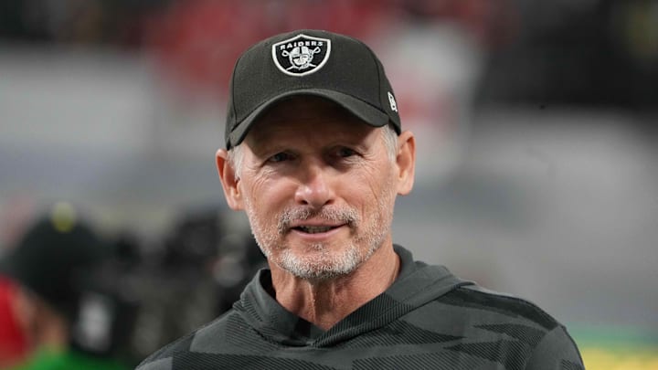 Dec 3, 2021; Las Vegas, NV, USA; Las Vegas Raiders general manager Mike Mayock reacts during the 2021 Pac-12 Championship Game at Allegiant Stadium. Mandatory Credit: Kirby Lee-Imagn Images Dec 3, 2021; Las Vegas, NV, USA; Las Vegas Raiders general manager Mike Mayock reacts during the 2021 Pac-12 Championship Game at Allegiant Stadium. Mandatory Credit: Kirby Lee-Imagn Images