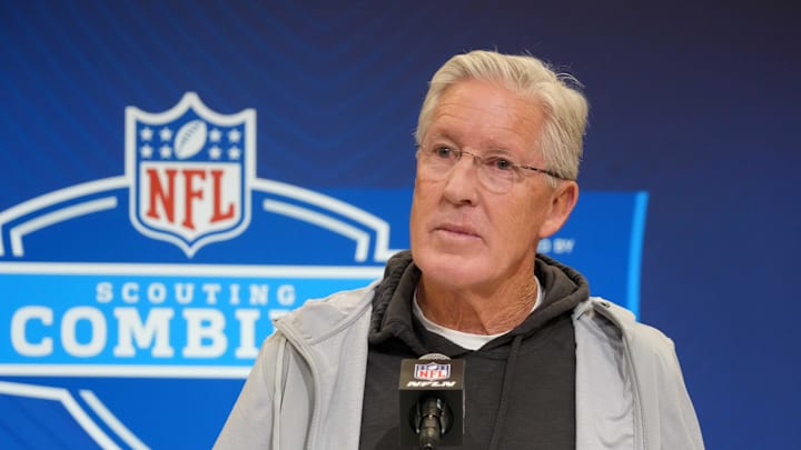 Feb 25, 2025; Indianapolis, IN, USA; Las Vegas Raiders coach Pete Carroll speaks during the NFL Scouting Combine at the Indiana Convention Center. Mandatory Credit: Kirby Lee-Imagn Images