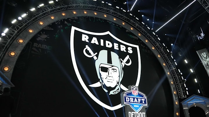 Apr 25, 2024; Detroit, MI, USA; A Las Vegas Raiders logo at the 2024 NFL Draft at Campus Martius Park and Hart Plaza. Mandatory Credit: Kirby Lee-Imagn Images Apr 25, 2024; Detroit, MI, USA; A Las Vegas Raiders logo at the 2024 NFL Draft at Campus Martius Park and Hart Plaza. Mandatory Credit: Kirby Lee-Imagn Images