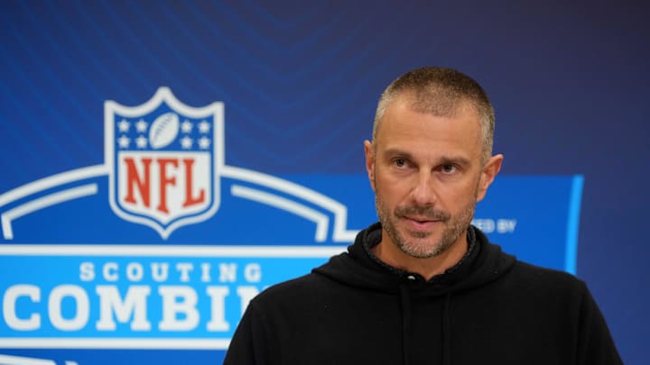 Feb 25, 2025; Indianapolis, IN, USA; Las Vegas Raiders general manager John Spytek speaks during the NFL Scouting Combine at the Indiana Convention Center. Mandatory Credit: Kirby Lee-Imagn Images