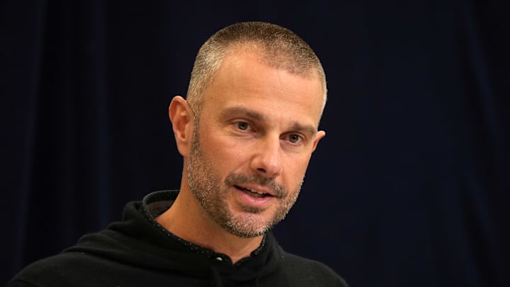 Feb 25, 2025; Indianapolis, IN, USA; Las Vegas Raiders general manager John Spytek speaks during the NFL Scouting Combine at the Indiana Convention Center. Mandatory Credit: Kirby Lee-Imagn Images
